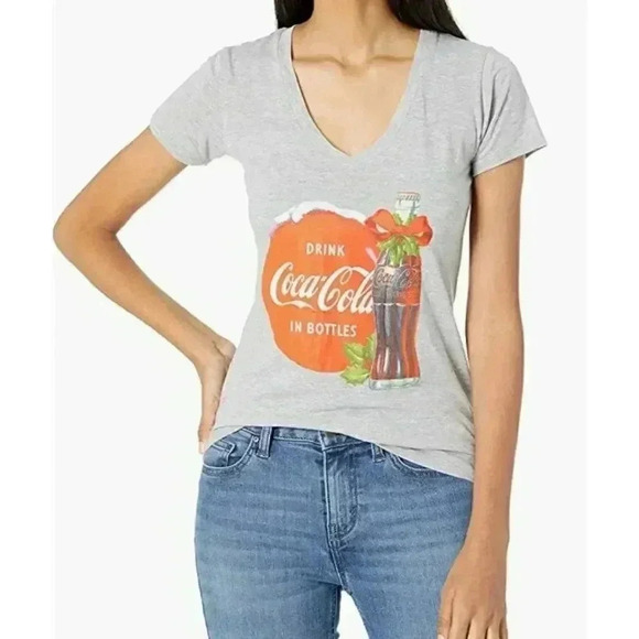 Coca Cola Women's Tis The Season V-Neck, heather grey, Large - Picture 1 of 2